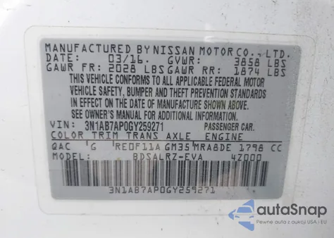 2016 Nissan Sentra Sr из США, поврежденный, VIN 3N1AB7AP0GY259271